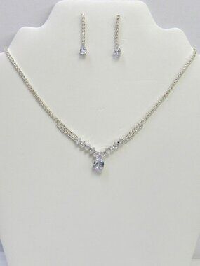Silver Simple Design Teardrop Rhinestone Crystal Necklace Set Prom Bridal Evenin